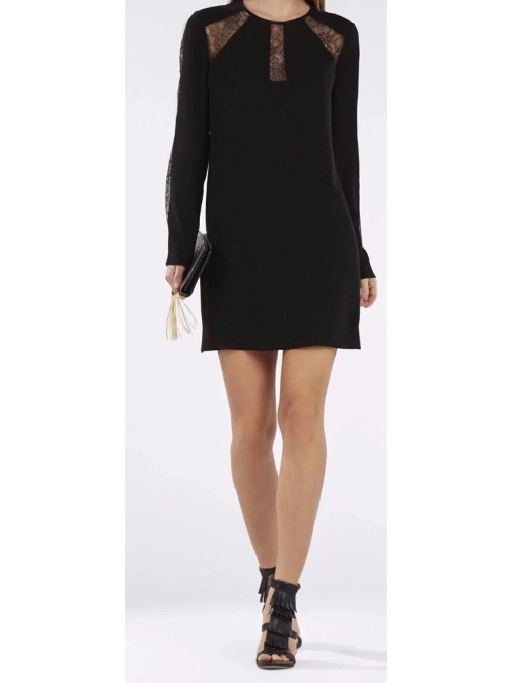BCBGMAXAZRIA Payton Lace Insert Shift Dress Long Sleeve Black Sz L NWOT
